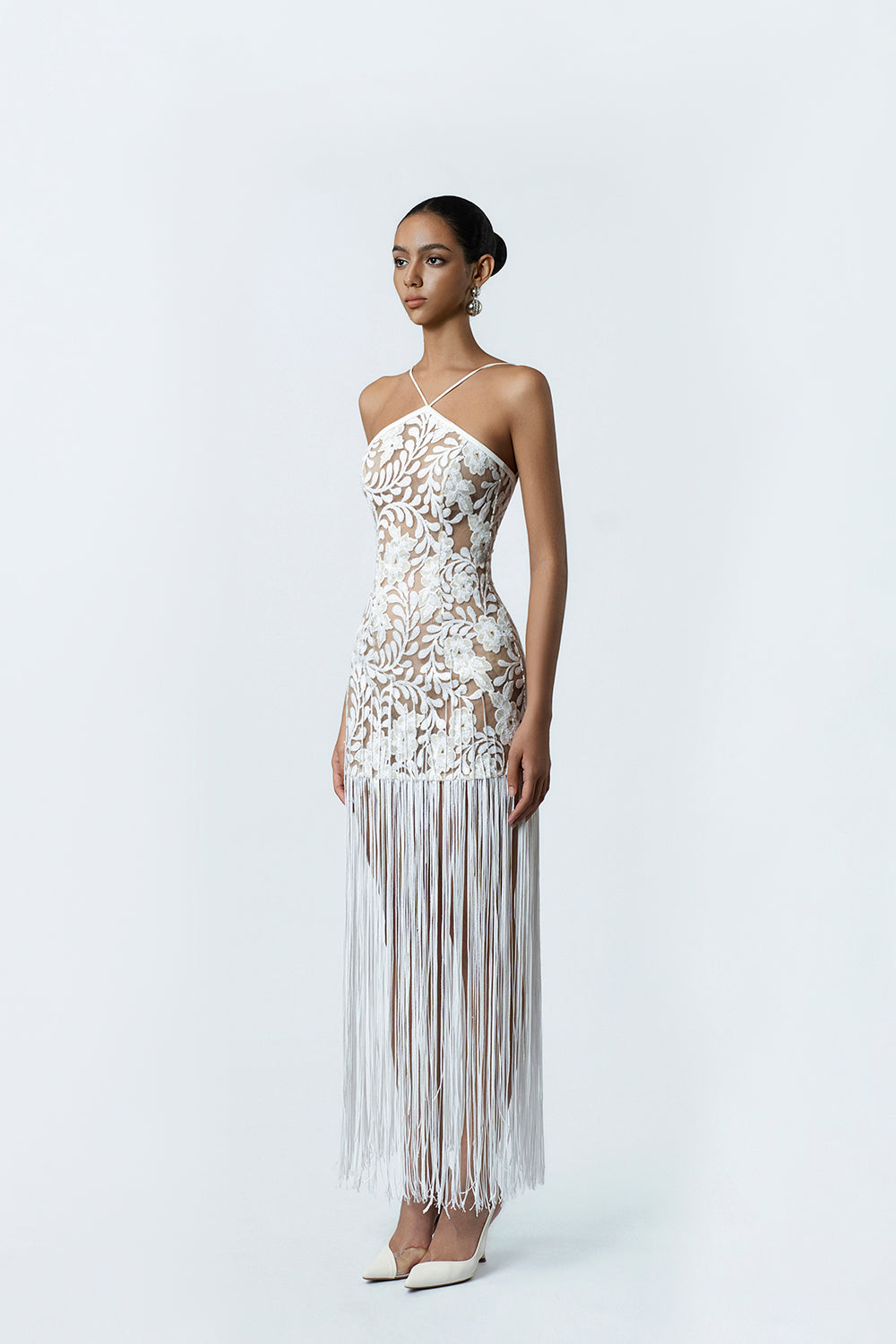 white silk midi dress Iris White Fitted Midi Dress White / L