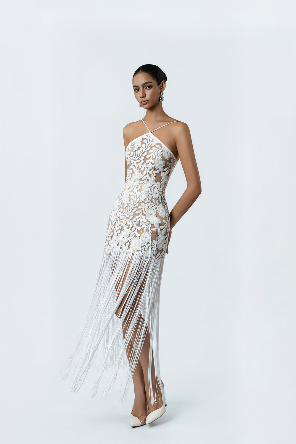 fringe white dress Iris White Fitted Midi Dress White / L