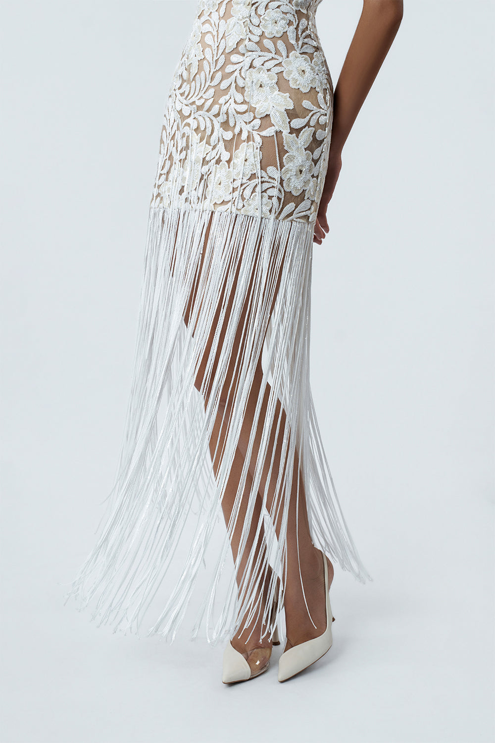 Women's Iris Fringe Midi Dress S/M/L/Customize White & Nude MEAN BLVD White & Nude / M Women's Iris Fringe Midi Dress S/M/L/Customize White & Nude MEAN BLVD White & Nude / M