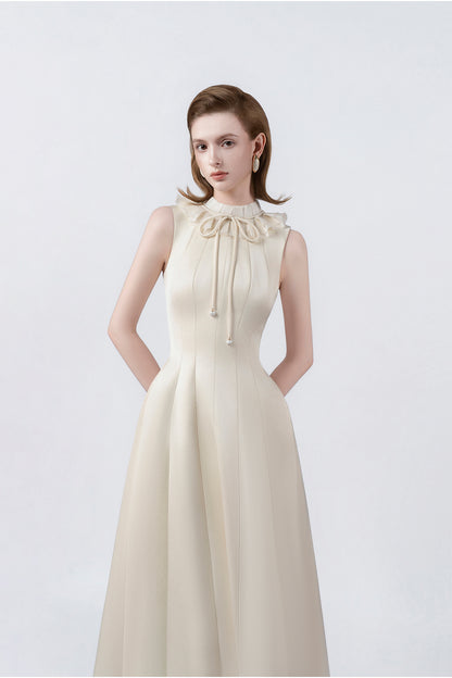 beige ruffle-collar midi dress, DeTHEIA De Nona Cometa