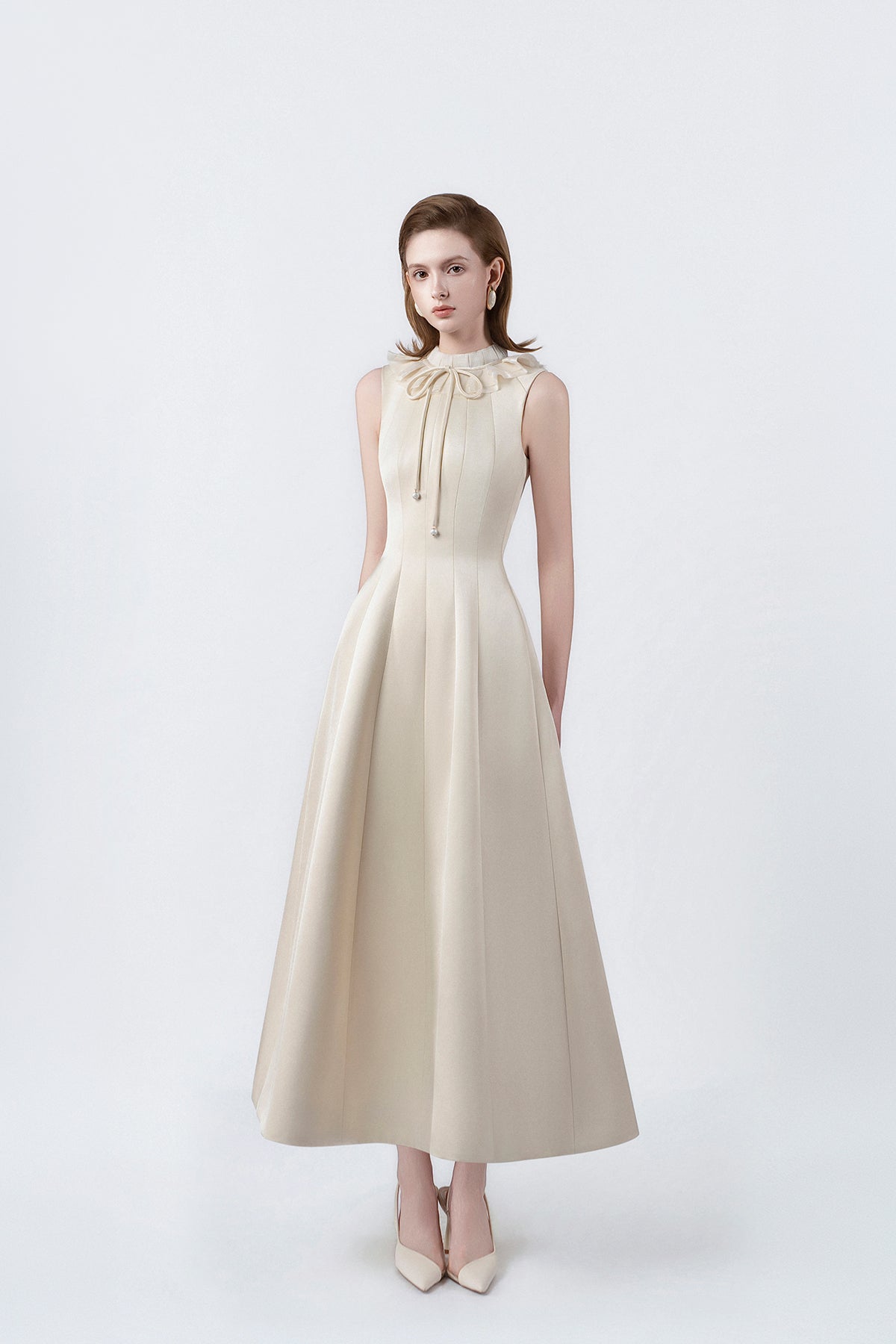 beige flared midi dress, DeTHEIA