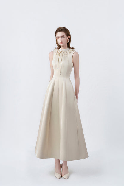 beige flared midi dress, DeTHEIA