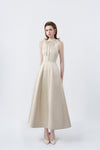 beige flared midi dress, DeTHEIA