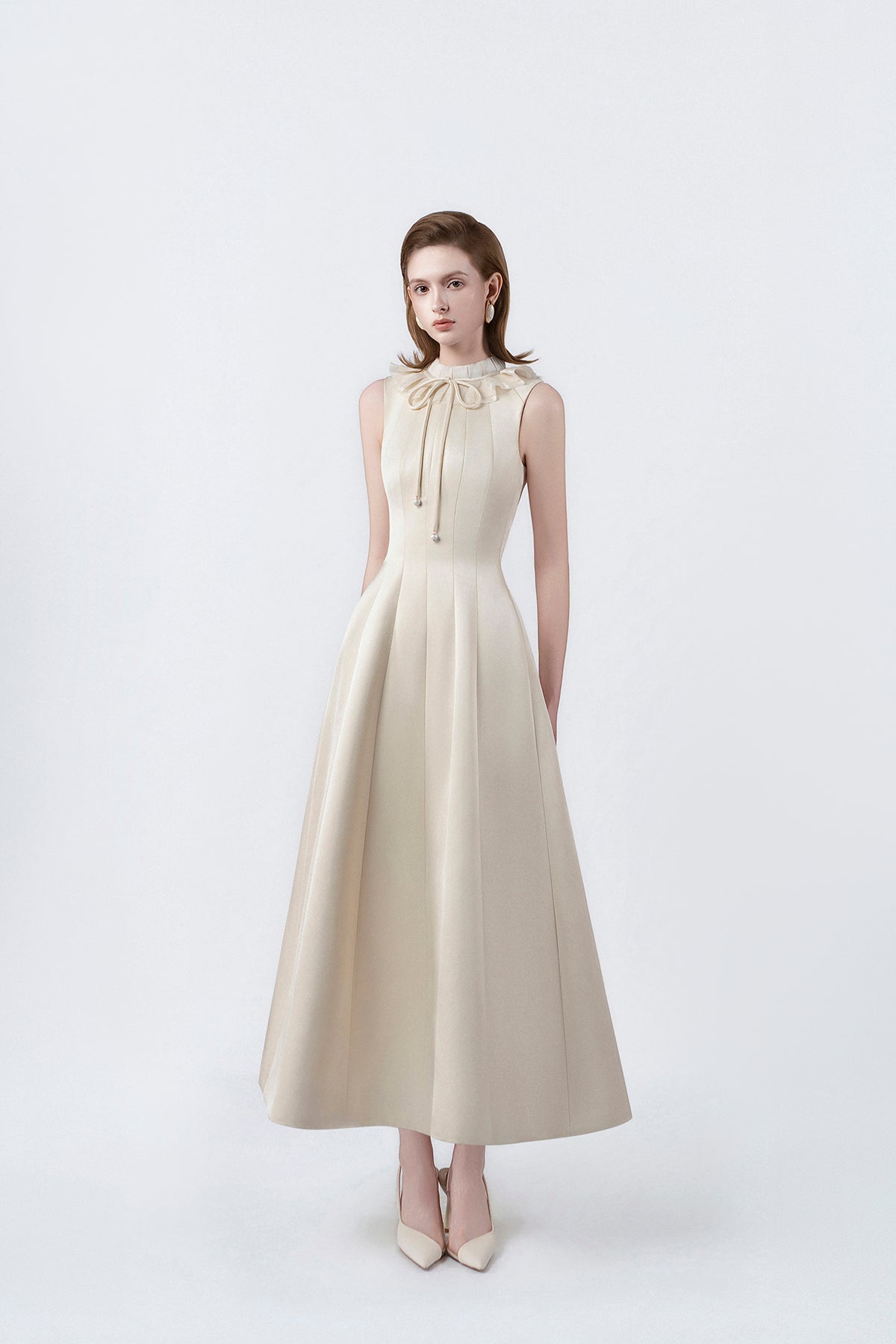 beige flared midi dress, DeTHEIA