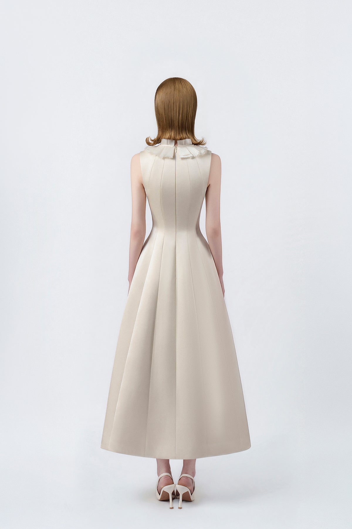 beige flared midi dress with back zip, DeTHEIA De Nona Cometa
