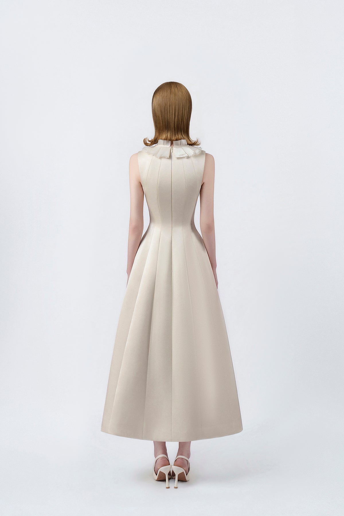 beige flared midi dress with back zip, DeTHEIA De Nona Cometa