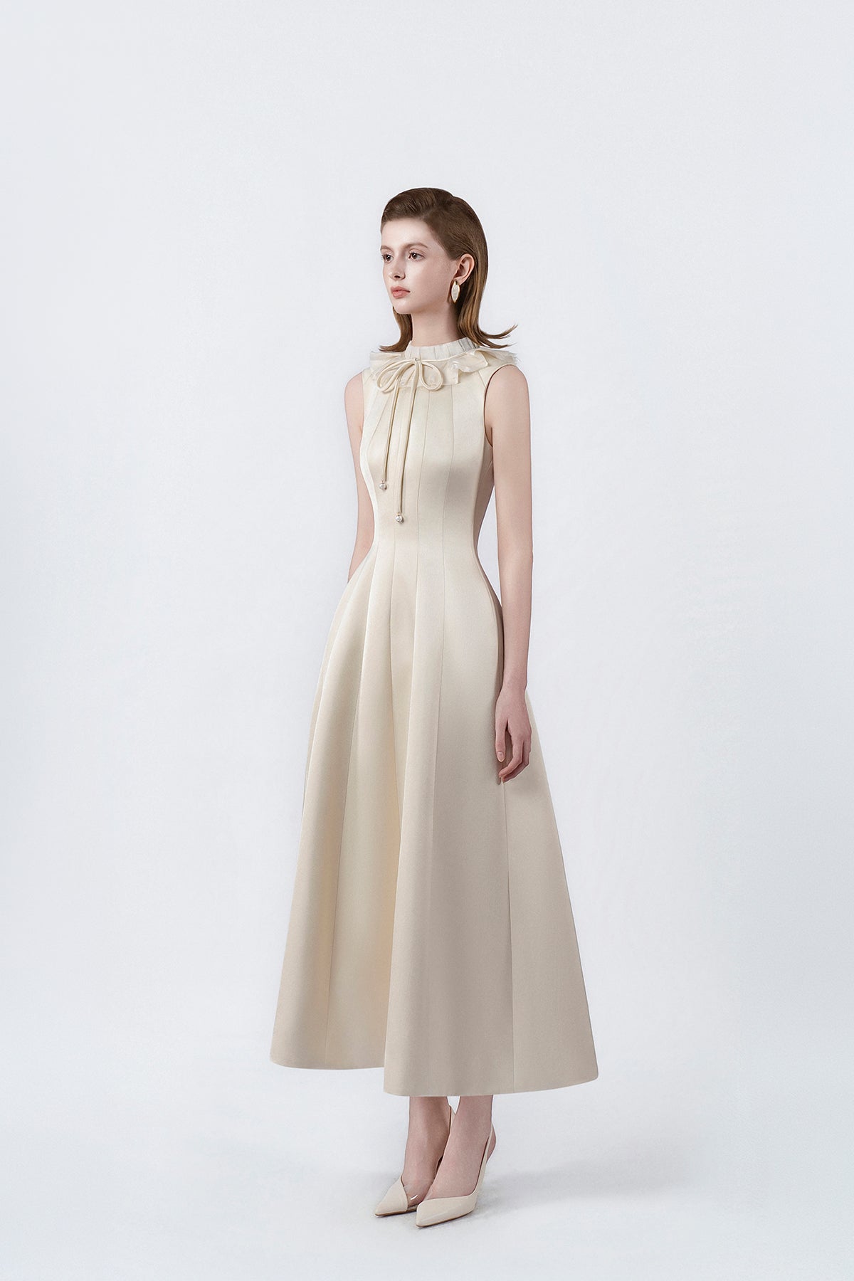 beige flared midi dress, DeTHEIA