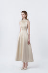 beige flared midi dress, DeTHEIA