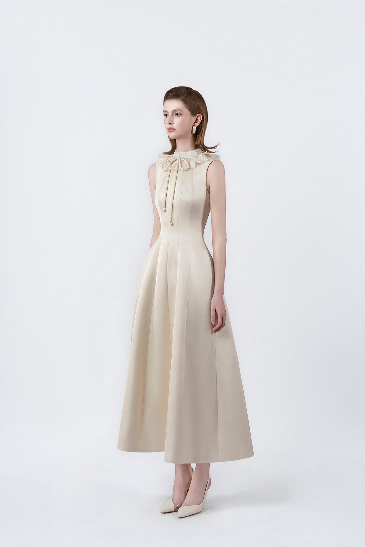 beige flared midi dress, DeTHEIA