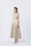 beige flared midi dress, DeTHEIA
