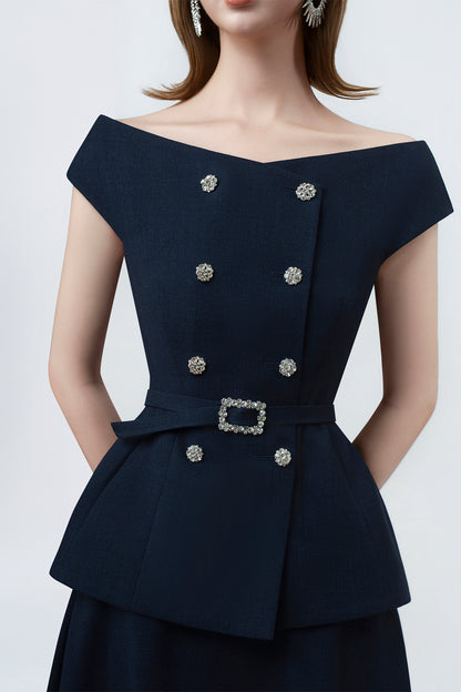 Klara Navy High-Waisted Flared Midi Skirt