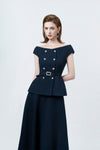 Klara Navy High-Waisted Flared Midi Skirt