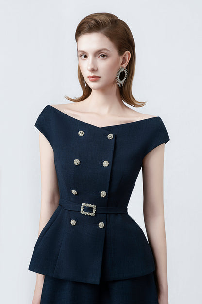Klara Navy High-Waisted Flared Midi Skirt
