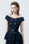 Klara Navy High-Waisted Flared Midi Skirt