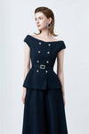 Klara Navy High-Waisted Flared Midi Skirt