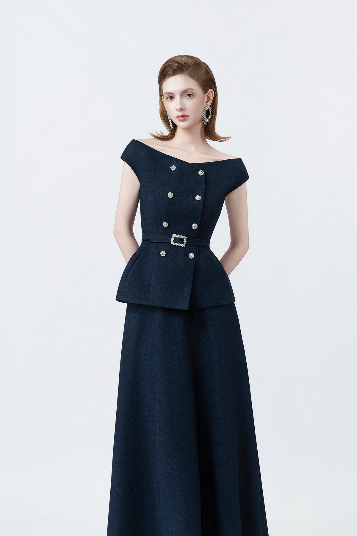 Klara Navy High-Waisted Flared Midi Skirt
