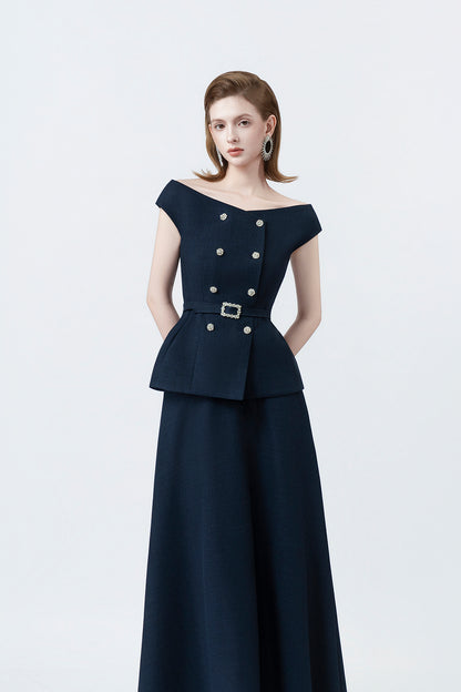 Klara Navy High-Waisted Flared Midi Skirt