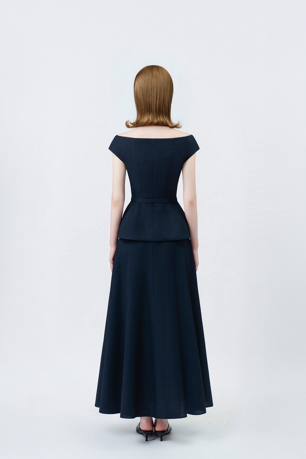Klara Navy High-Waisted Flared Midi Skirt