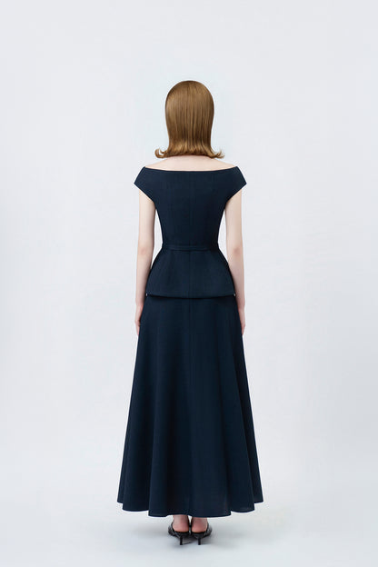 Klara Navy High-Waisted Flared Midi Skirt