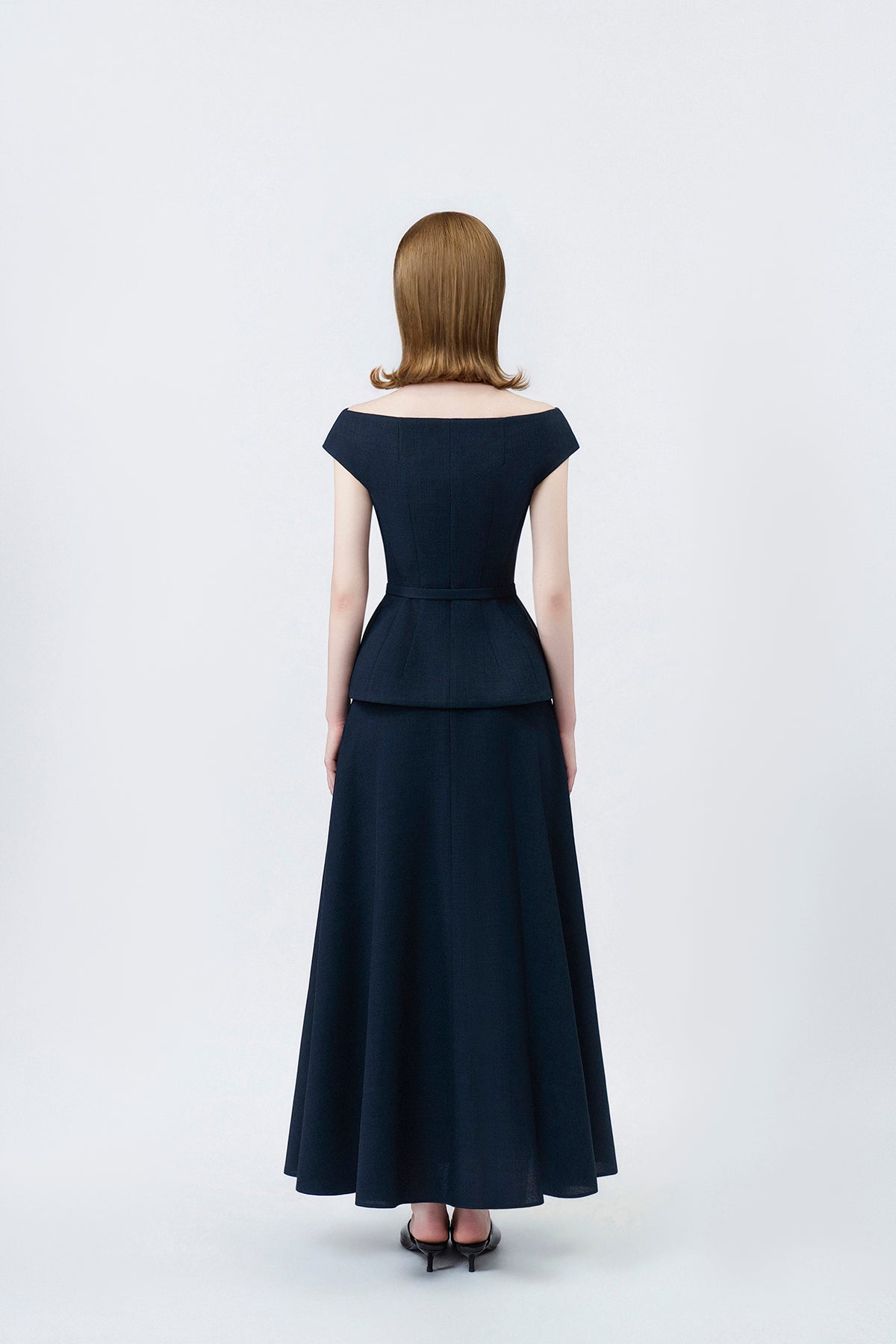 navy flared midi skirt with back zip, DeTHEIA De Nona Cometa