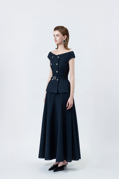 Klara Navy High-Waisted Flared Midi Skirt