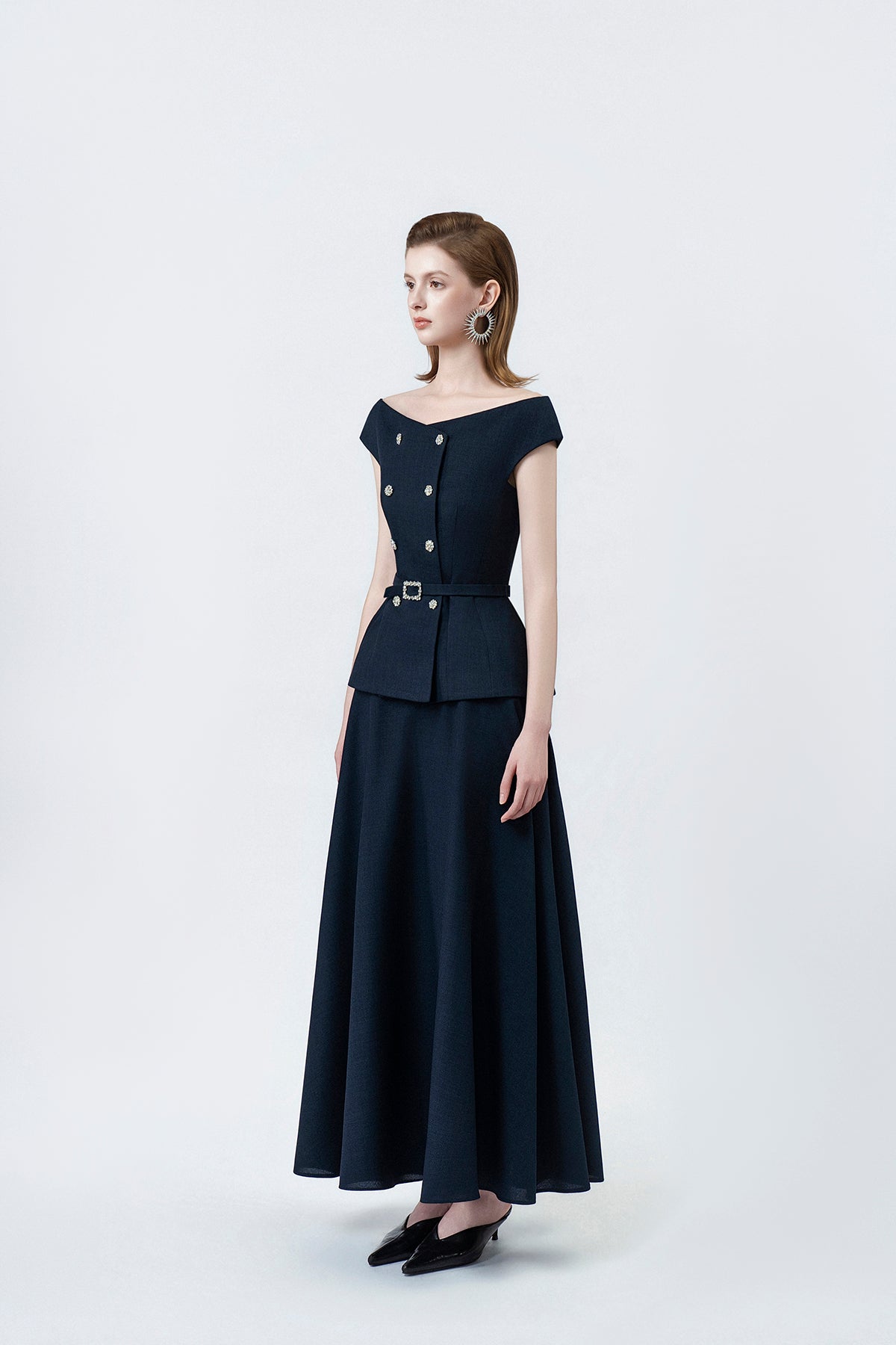 navy flared midi skirt, DeTHEIA