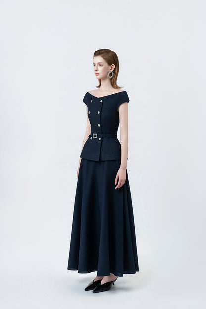 navy flared midi skirt, DeTHEIA