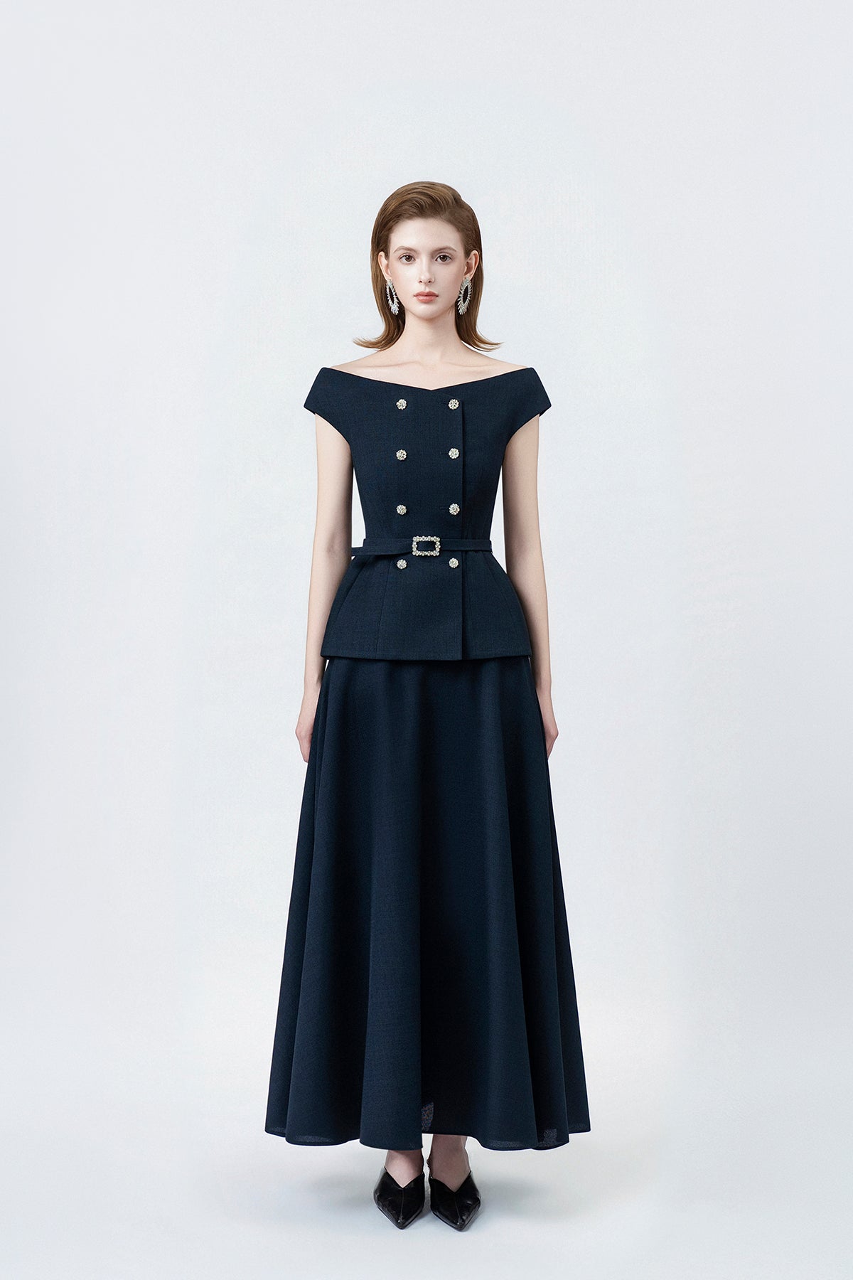 Klara Navy High-Waisted Flared Midi Skirt