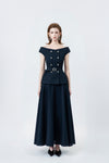 Klara Navy High-Waisted Flared Midi Skirt