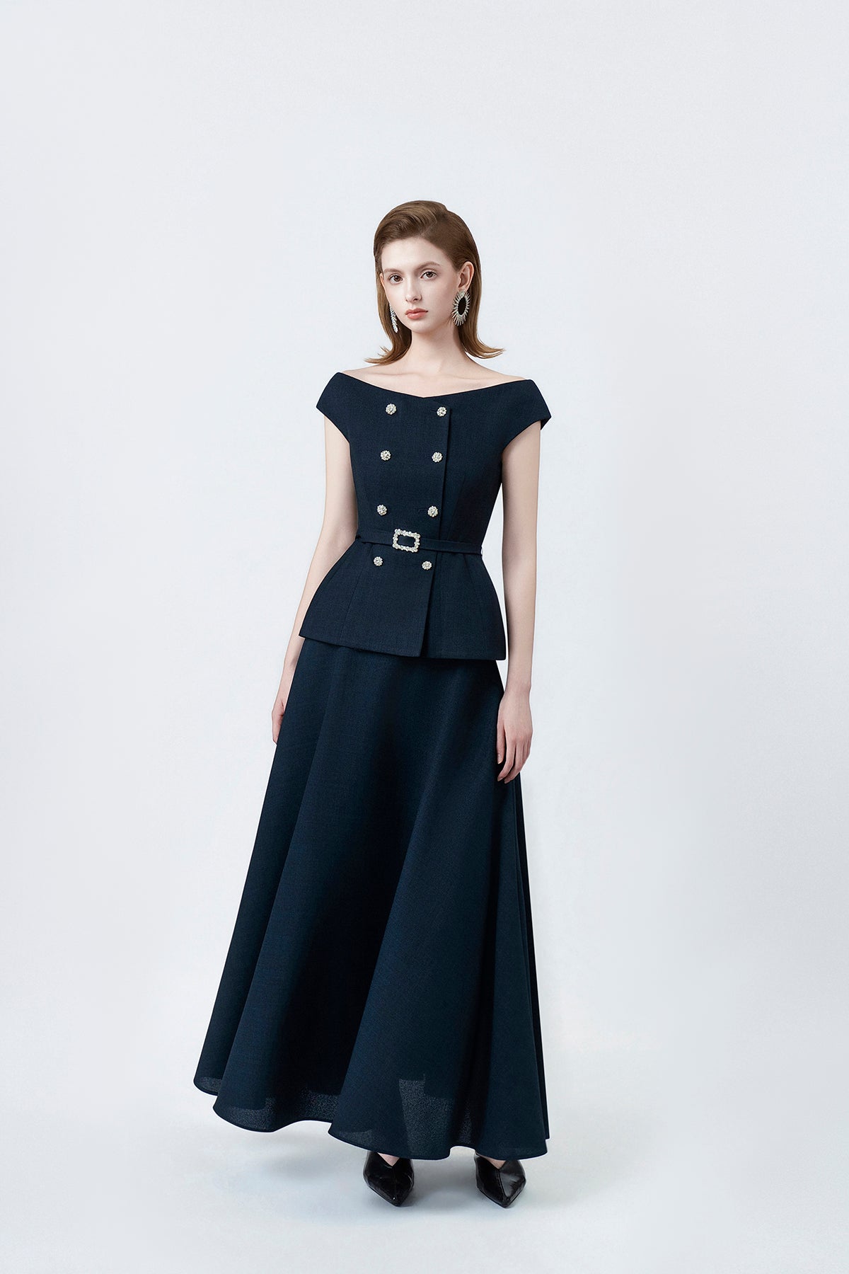 navy high-waisted midi skirt, DeTHEIA De Nona Cometa