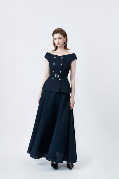 navy high-waisted midi skirt, DeTHEIA De Nona Cometa