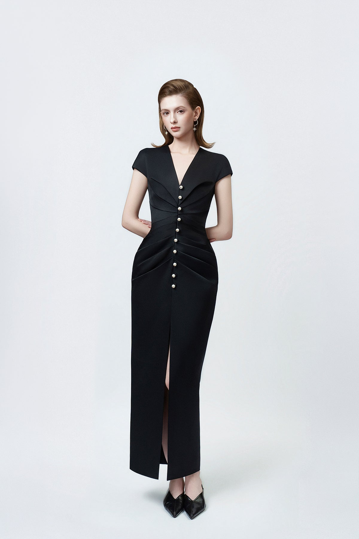 black V-neck pencil midi dress, DeTHEIA De Nona Cometa