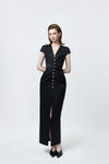 black V-neck pencil midi dress, DeTHEIA De Nona Cometa