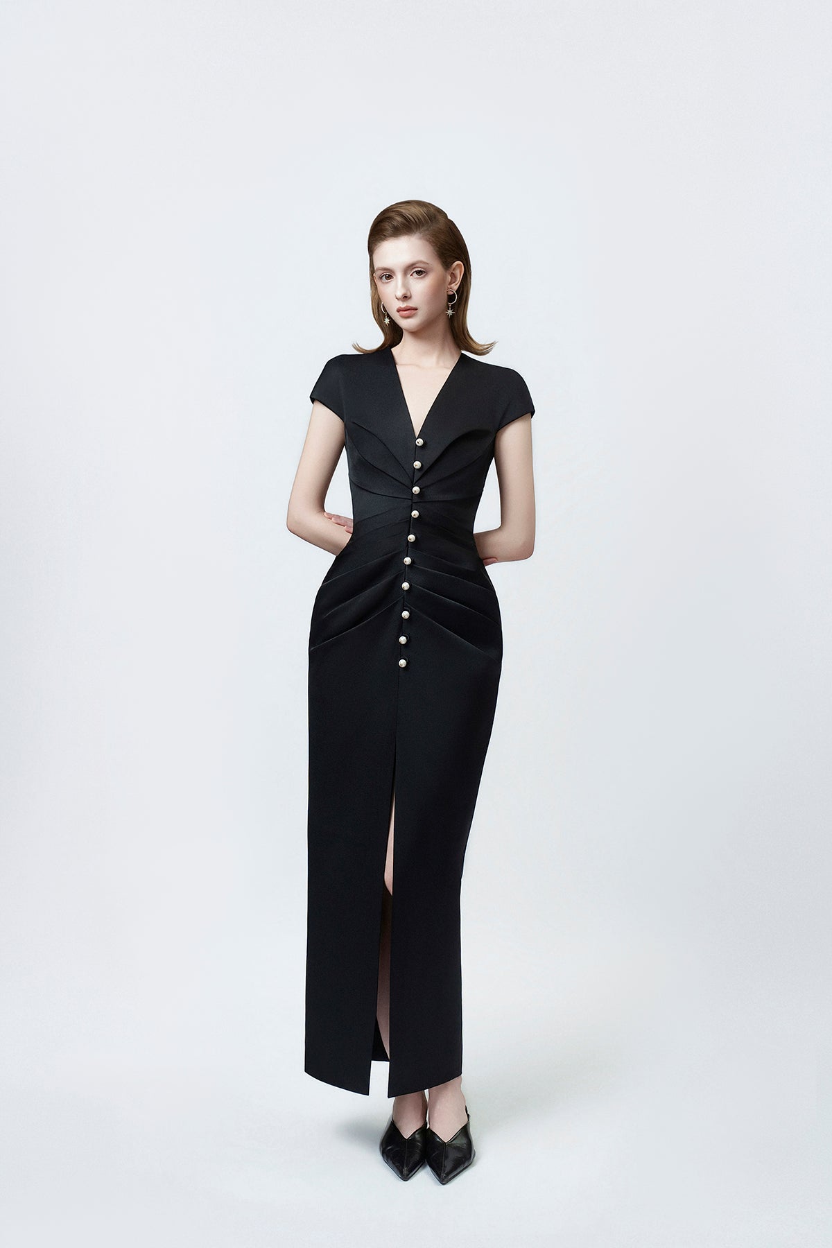 black V-neck pencil midi dress, DeTHEIA De Nona Cometa