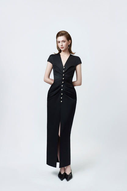 black V-neck pencil midi dress, DeTHEIA De Nona Cometa