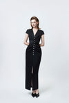 black V-neck pencil midi dress, DeTHEIA De Nona Cometa