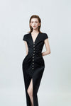 V-neckline and button placket on black, DeTHEIA