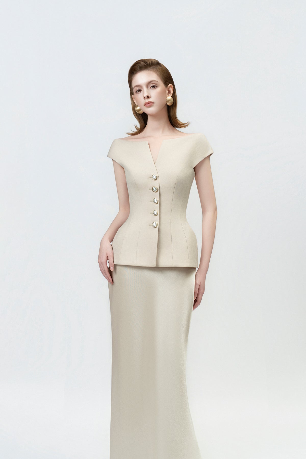 high-waisted gold trumpet skirt, DeTHEIA