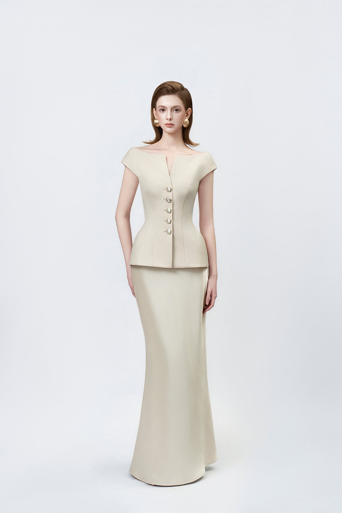 gold high-waisted trumpet skirt, DeTHEIA De Nona Cometa