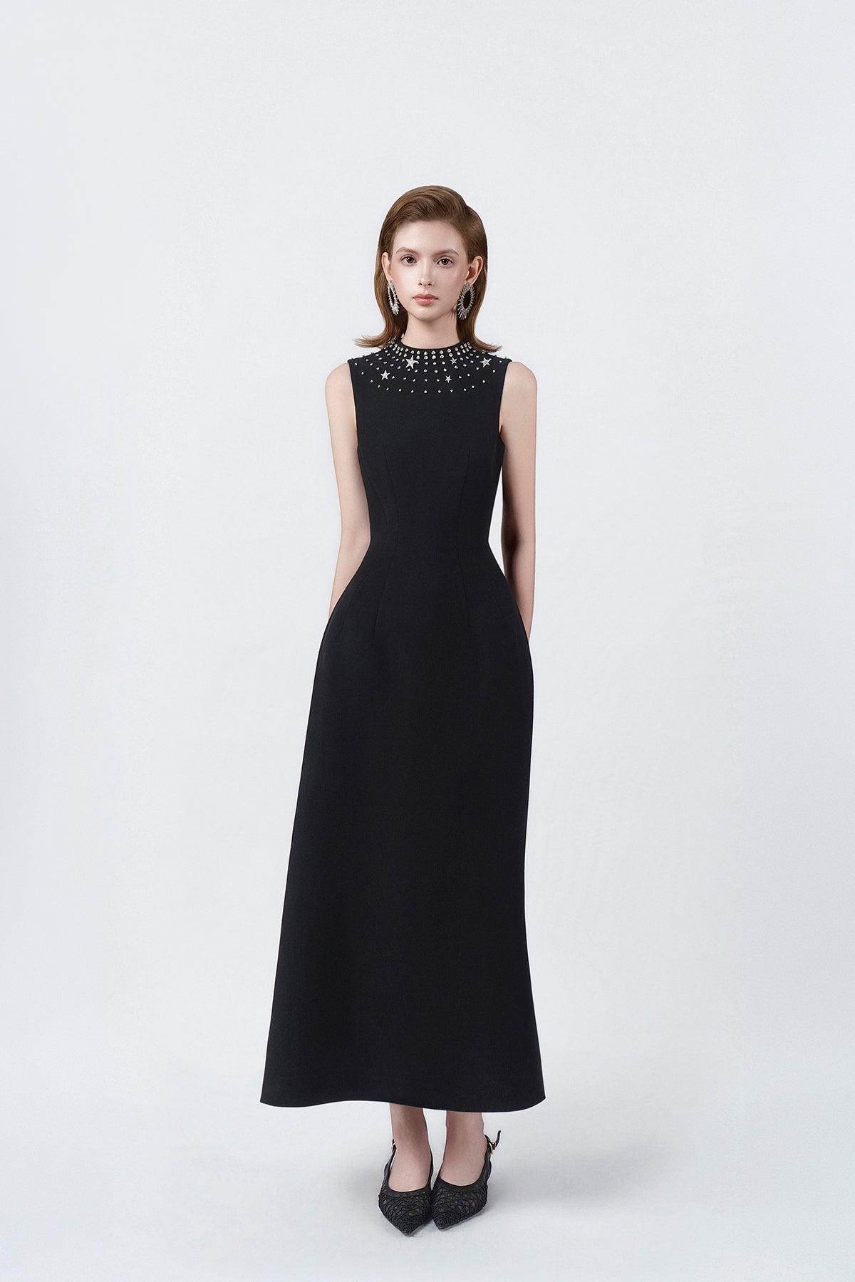 black embellished A-line midi dress, DeTHEIA De Nona Cometa