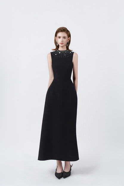 black embellished A-line midi dress, DeTHEIA De Nona Cometa