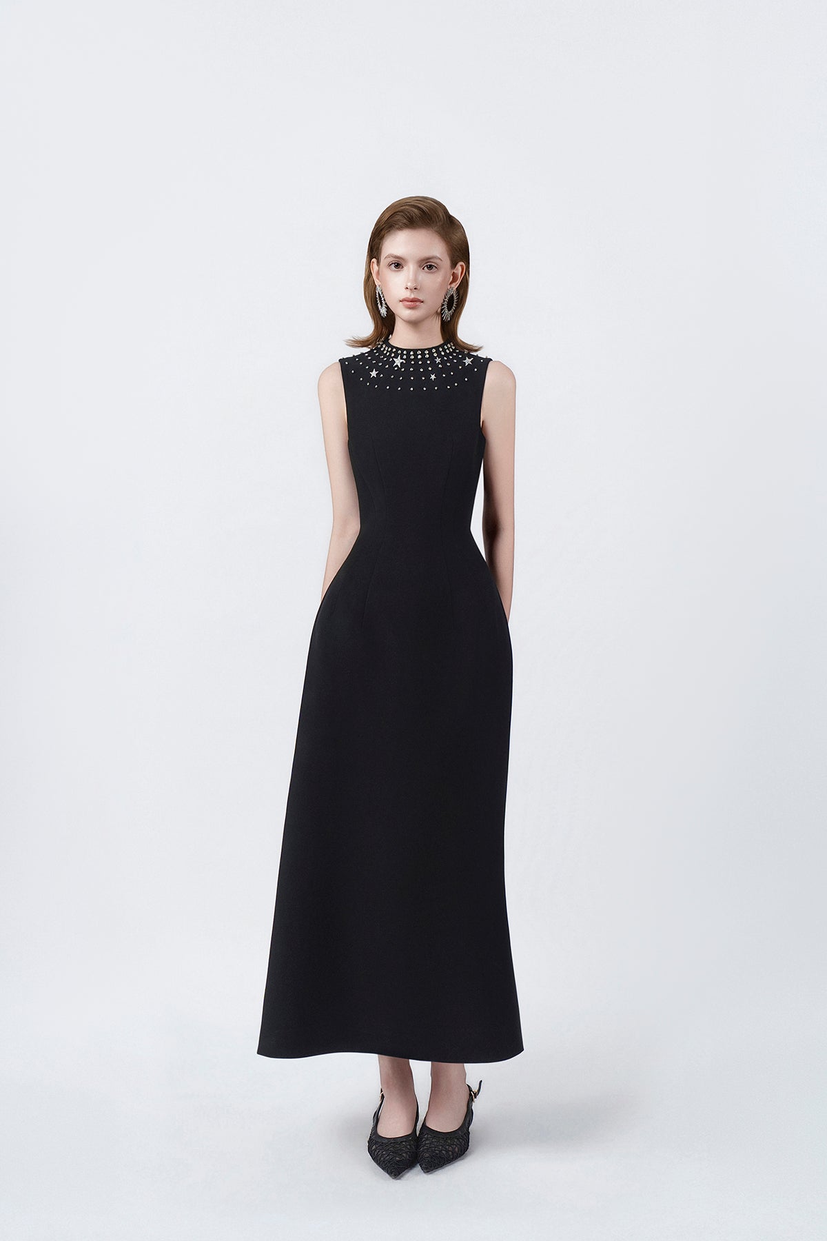 black embellished A-line midi dress, DeTHEIA De Nona Cometa