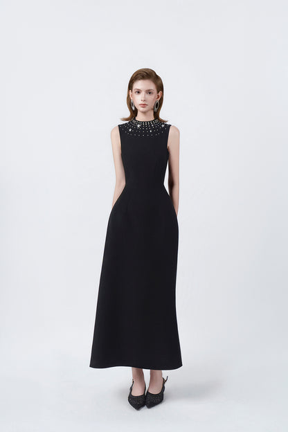 black embellished A-line midi dress, DeTHEIA De Nona Cometa