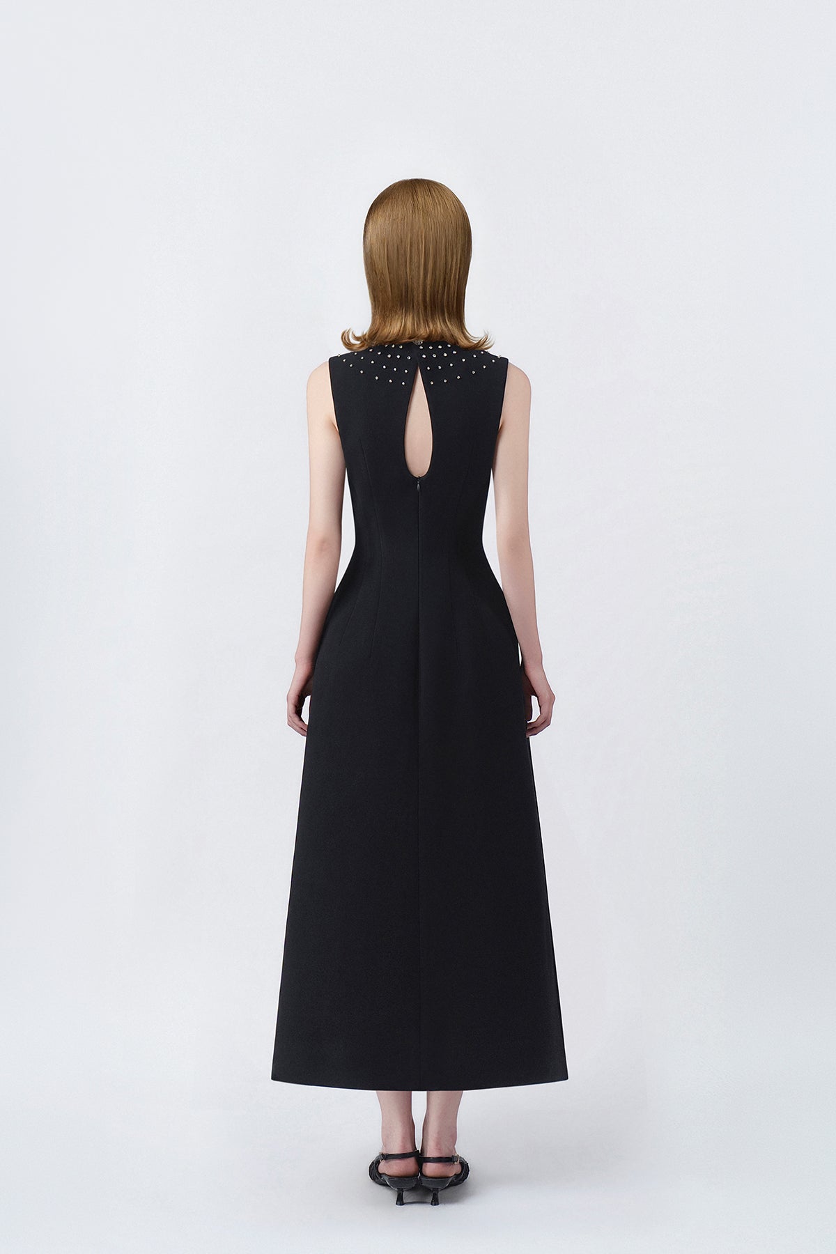 black A-line midi dress with back zip, DeTHEIA De Nona Cometa