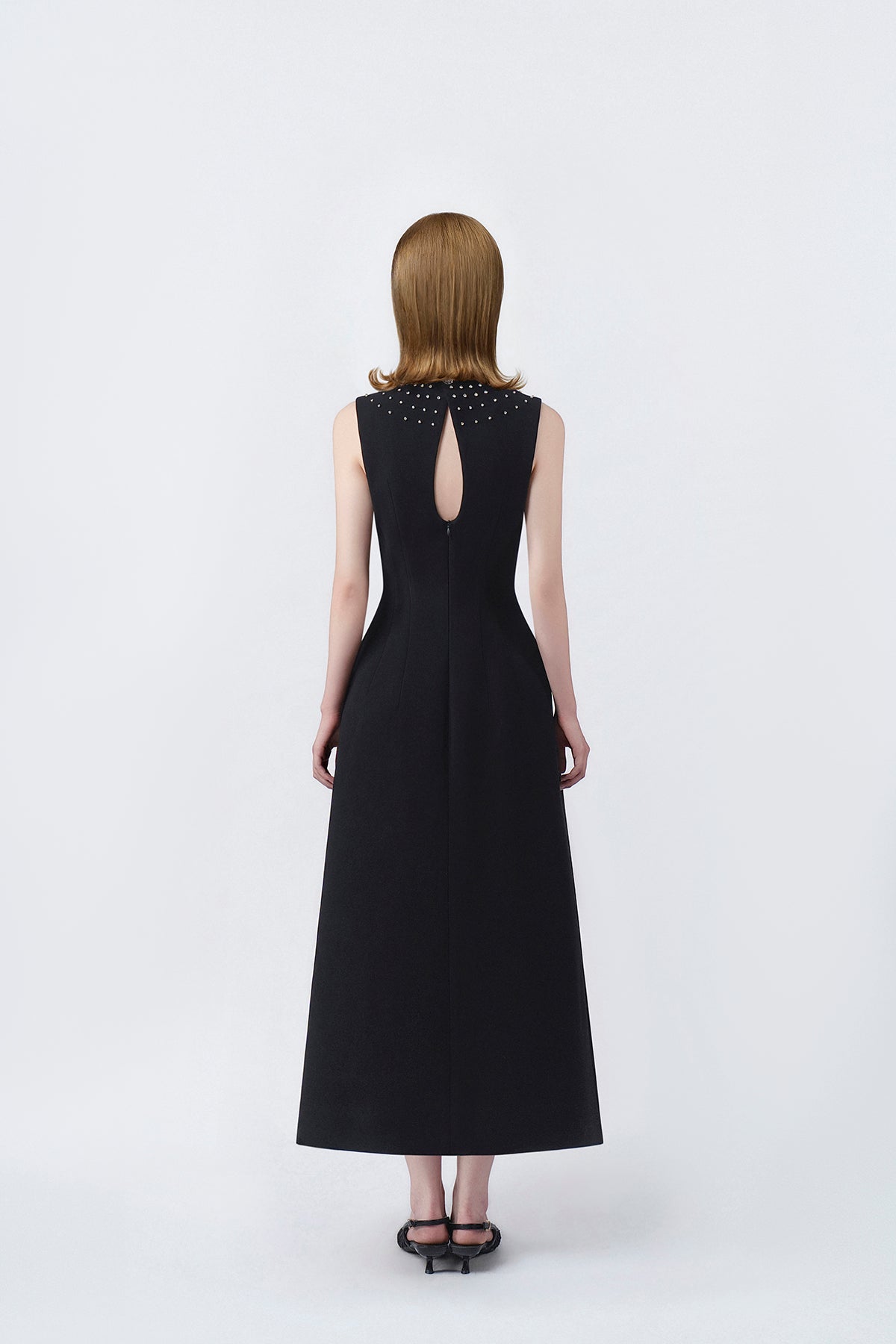 black A-line midi dress with back zip, DeTHEIA De Nona Cometa