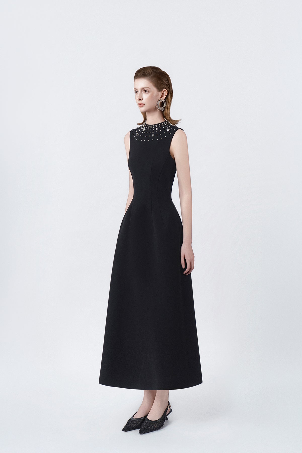 black flared A-line midi dress, DeTHEIA