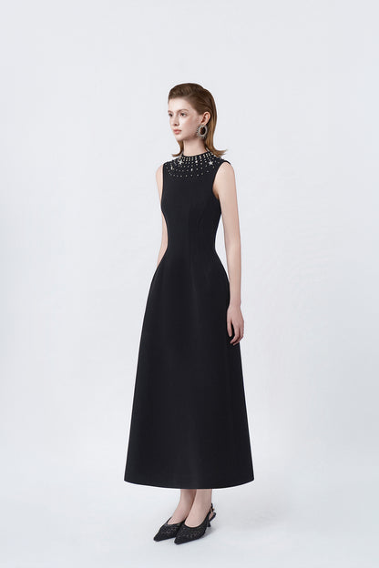 black flared A-line midi dress, DeTHEIA