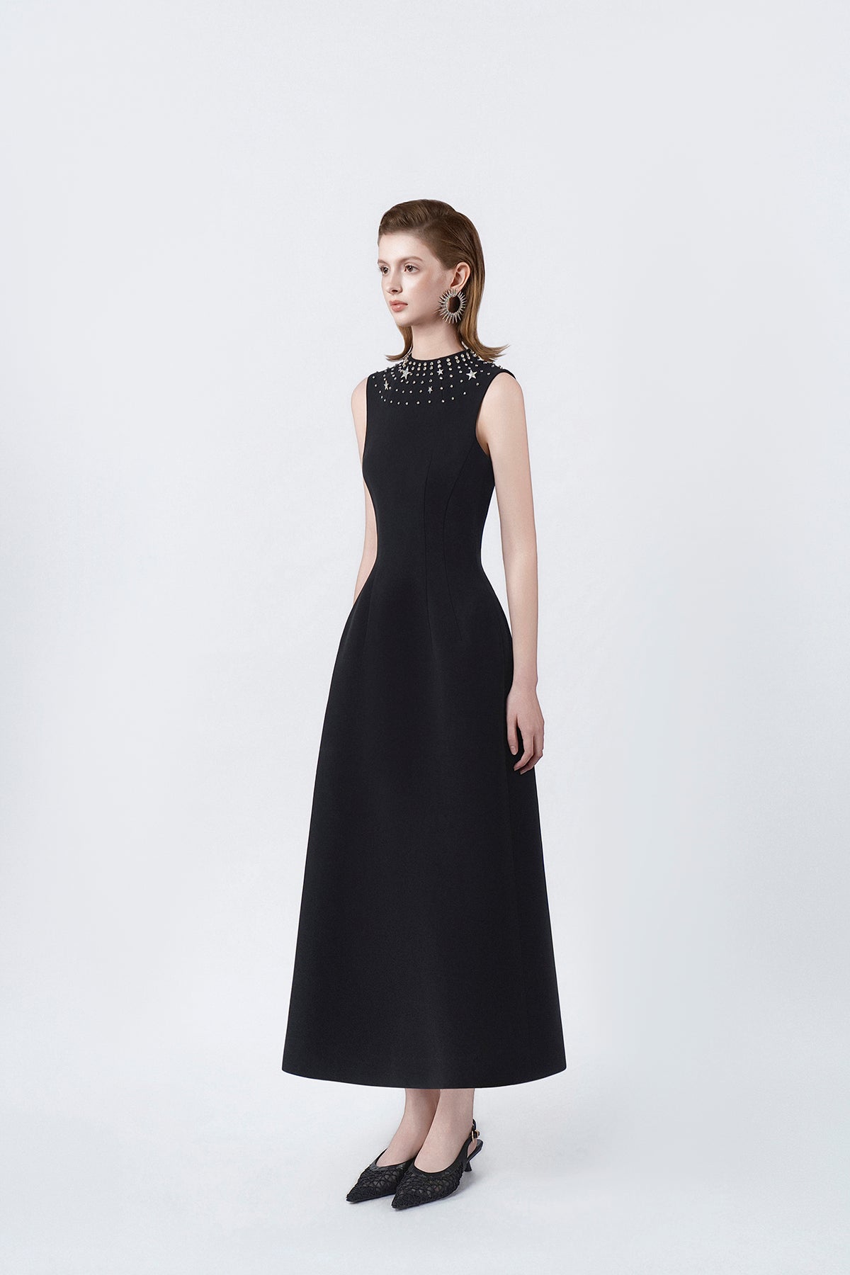 black flared A-line midi dress, DeTHEIA