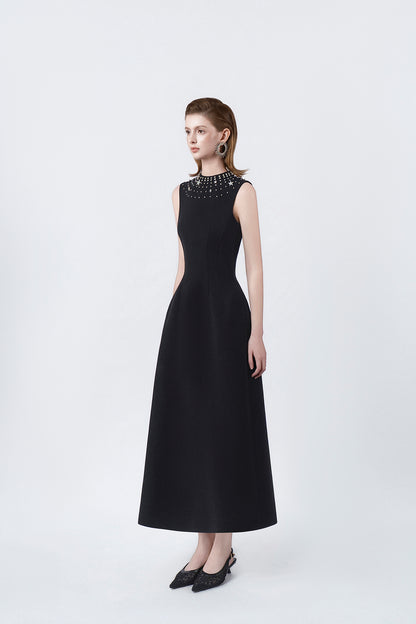 black flared A-line midi dress, DeTHEIA