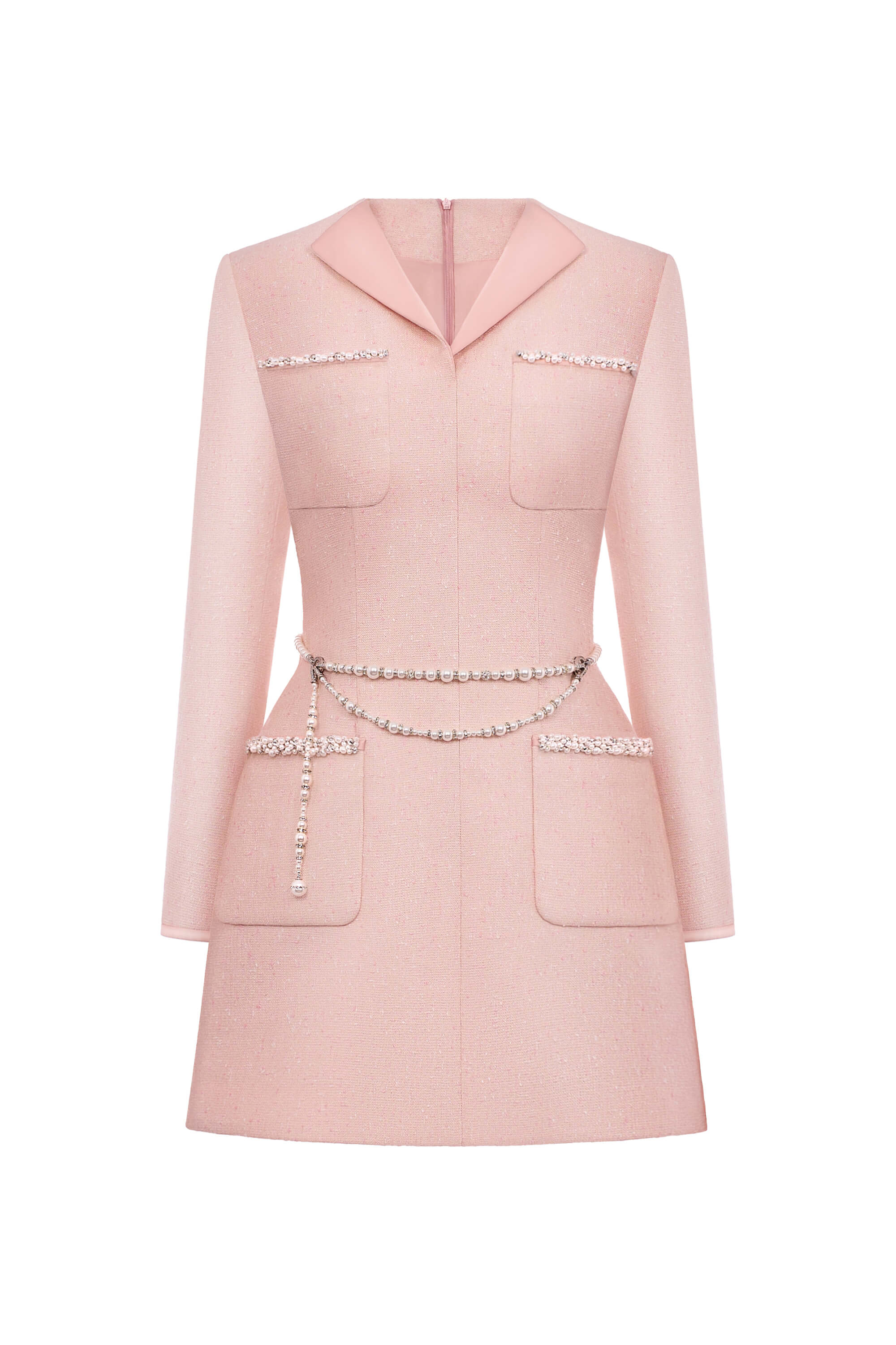 Pink dress with pearl embellishments on a white background